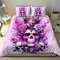 Pink skull and rose bedding set with ornate crown print on comforter and two pillows