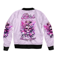 Pink bomber jacket with rose skull back graphic, ribbed black collar and cuffs