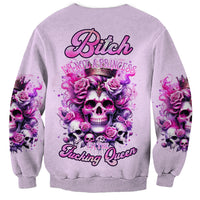Lilac sweatshirt with pink skull-rose graphic and “Fucking Queen” text on front.