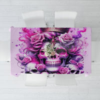 Pink skull tablecloth with purple rose and floral graphic, centered on tabletop