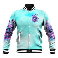 Blue baseball jacket with front button placket, purple flower skull emblem, ribbed trim