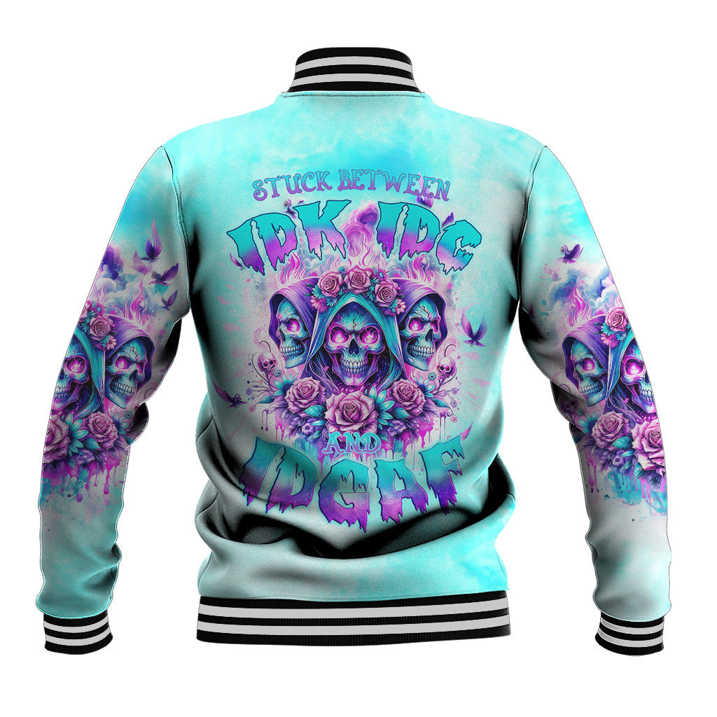 Blue baseball jacket with purple skull-flower back graphic, striped ribbed collar/cuffs