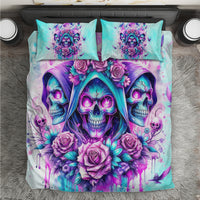 Blue skull angel bedding set with two pillowcases, purple roses and floral accents