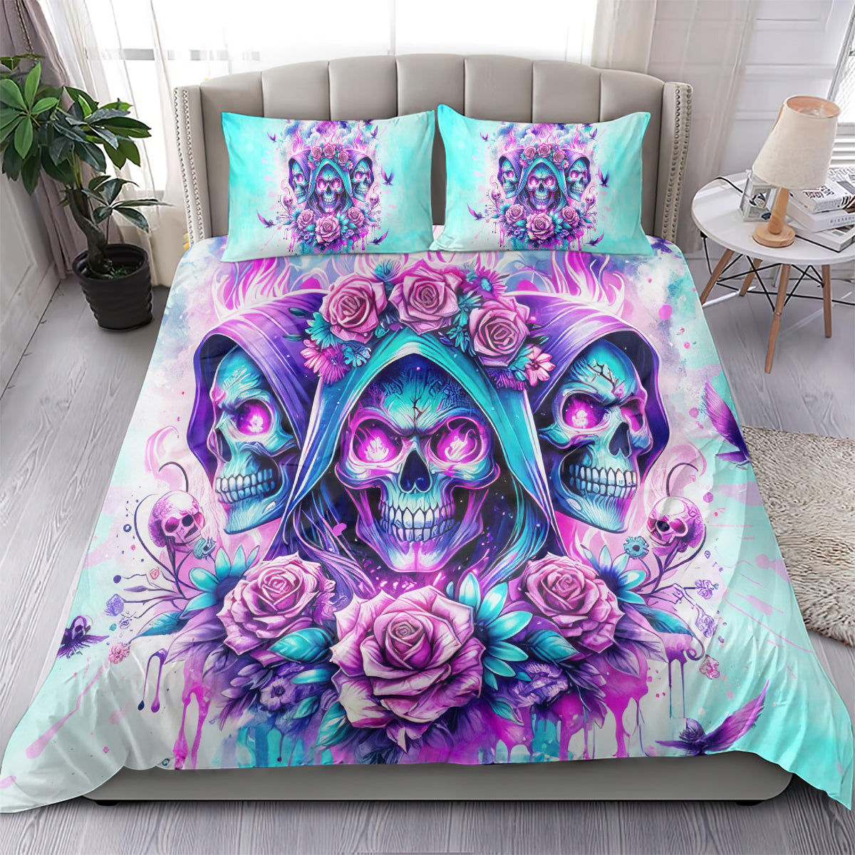 Aqua and purple skull angel bedding set, two matching pillowcases with rose details