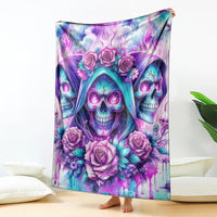 Skull and roses graphic throw blanket, purple and blue flame background