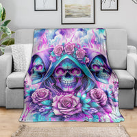 Skull angel floral throw blanket with purple roses and teal flames