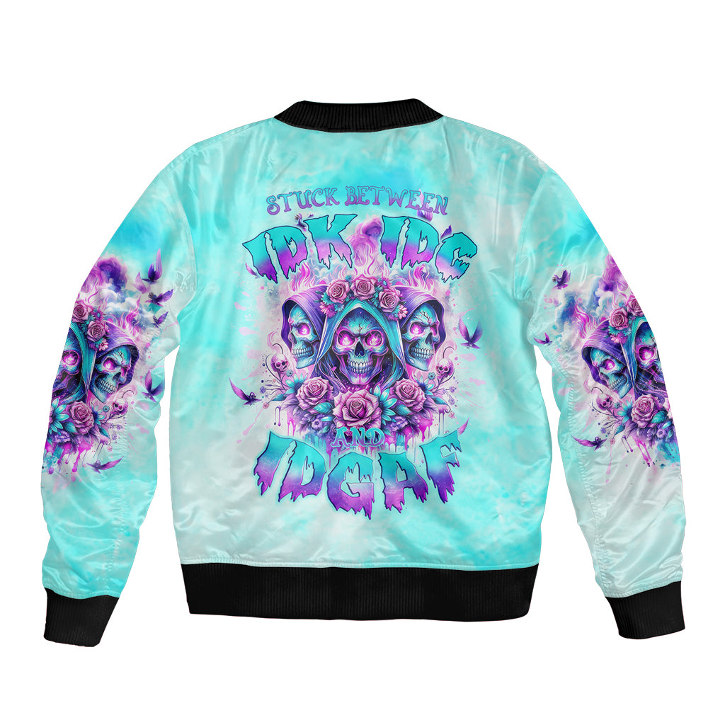 Unisex blue satin bomber jacket with black ribbed hem and large back skull graphic