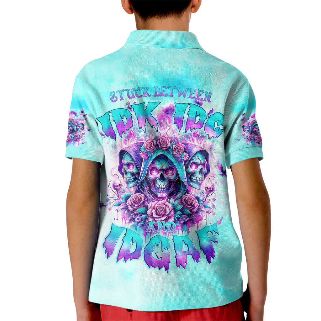 Flower Skull Angel Kid Polo Shirt Stuck Between IDK IDC and IDGAF - Wonder Print Shop