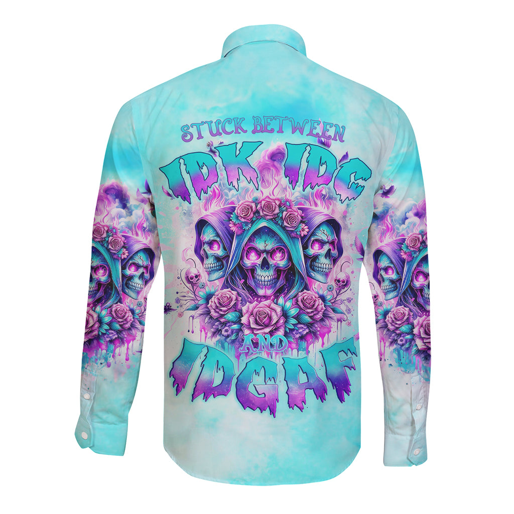 Flower Skull Angel Long Sleeve Button Shirt Stuck Between IDK IDC and IDGAF - Wonder Print Shop