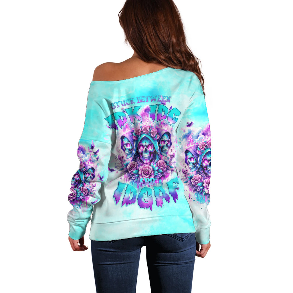 Flower Skull Angel Off Shoulder Sweater Stuck Between IDK IDC and IDGAF - Wonder Print Shop