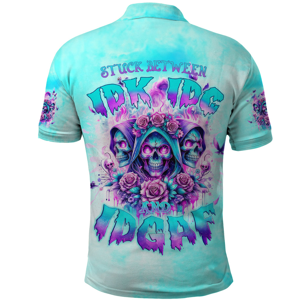 Flower Skull Angel Polo Shirt Stuck Between IDK IDC and IDGAF - Wonder Print Shop