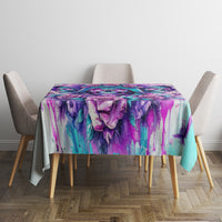 Blue-toned tablecloth for dining table with purple and teal skull angel floral print