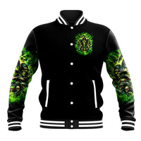 Black varsity jacket with green skull graphic, snap buttons, striped ribbed collar and cuffs
