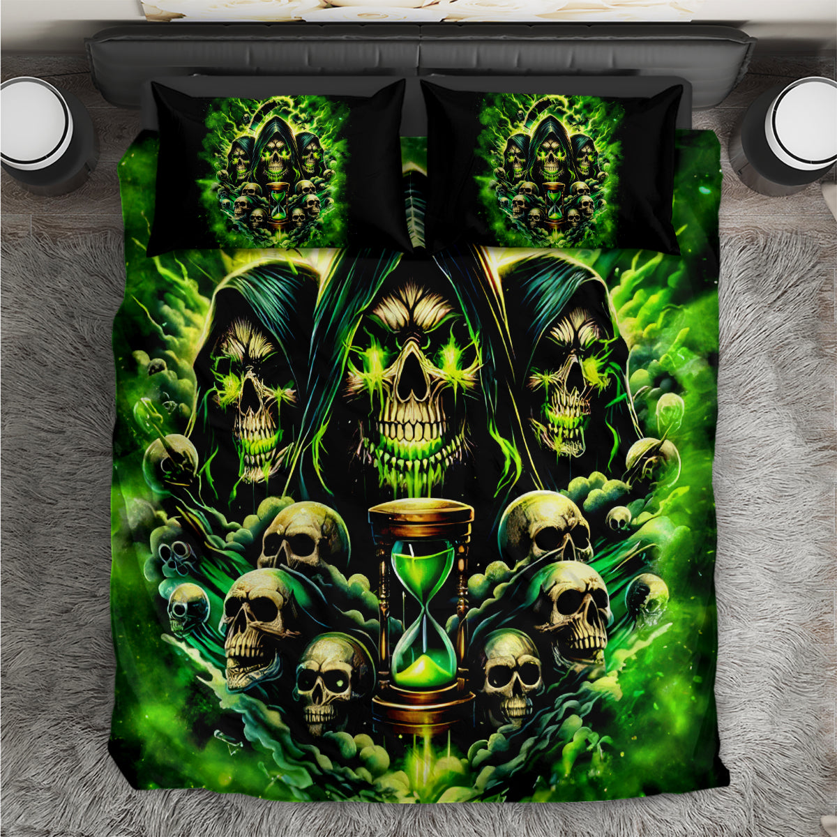 Skull, hourglass flame bedding set with two black green pillowcases and neon graphic print.