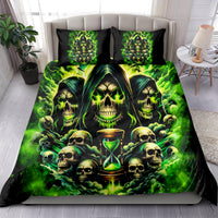 Skull and hourglass flame duvet set with two black green pillowcases, neon green skull graphic.