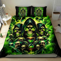 Skull, hourglass flame bedding set with two pillowcases, neon green skulls on black.