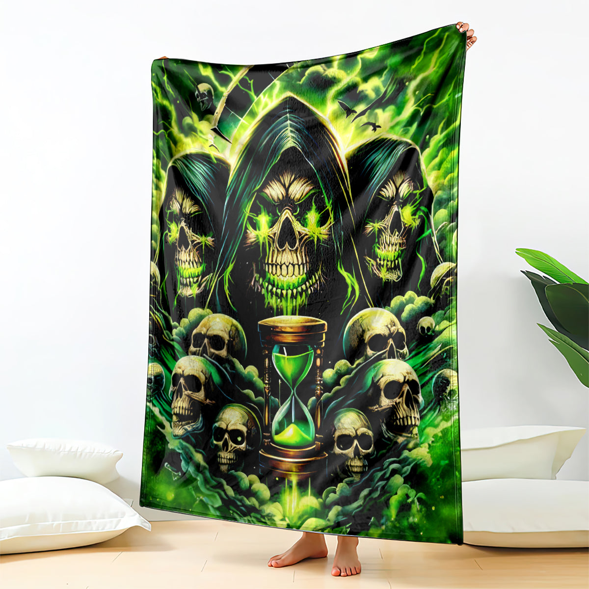 Skull and hourglass flame blanket, green with dark skulls and hourglass design
