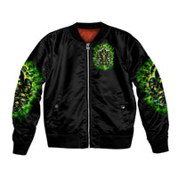 Black unisex bomber jacket with green skull emblem on front and sleeve graphics