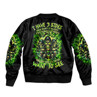 Black unisex bomber jacket with green skull graphic on the back