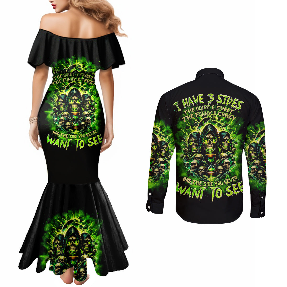 Flame Skull Couples Matching Mermaid Dress and Long Sleeve Button Shirt I Have 3 Sides Quite Sweet Funny Crazy