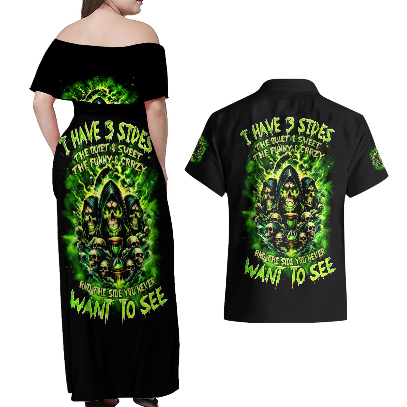 Flame Skull Couples Matching Off Shoulder Maxi Dress and Hawaiian Shirt I Have 3 Sides Quite Sweet Funny Crazy - Wonder Print Shop