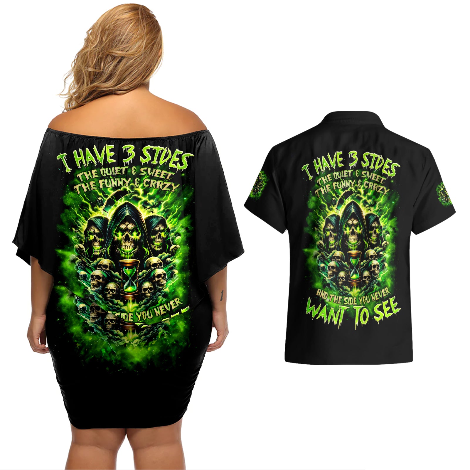 Flame Skull Couples Matching Off Shoulder Short Dress and Hawaiian Shirt I Have 3 Sides Quite Sweet Funny Crazy - Wonder Print Shop