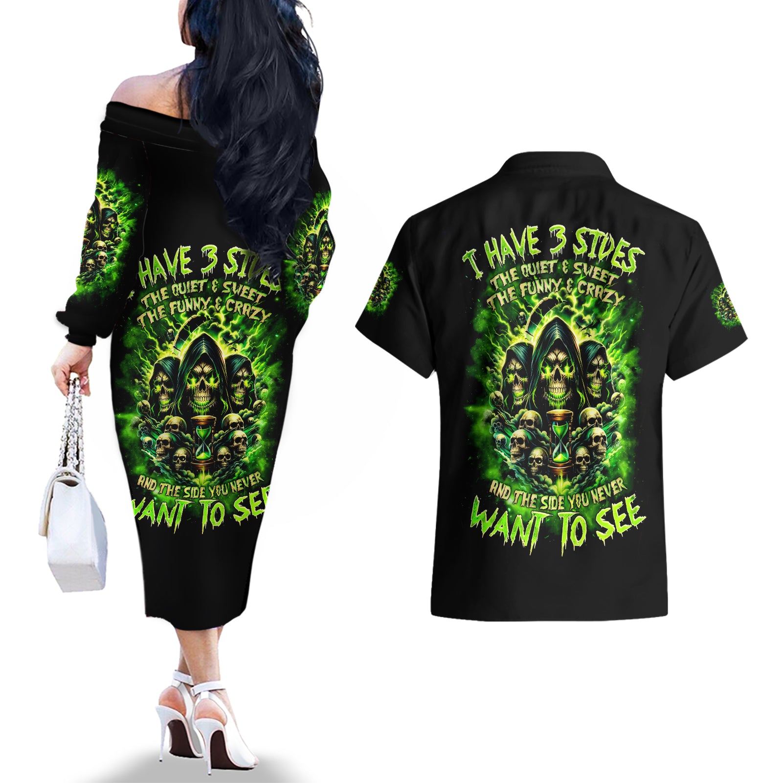 Flame Skull Couples Matching Off The Shoulder Long Sleeve Dress and Hawaiian Shirt I Have 3 Sides Quite Sweet Funny Crazy - Wonder Print Shop