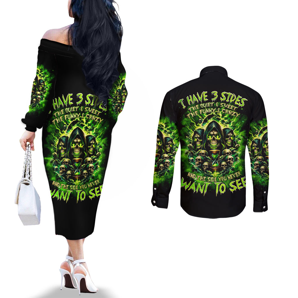 Flame Skull Couples Matching Off The Shoulder Long Sleeve Dress and Long Sleeve Button Shirt I Have 3 Sides Quite Sweet Funny Crazy