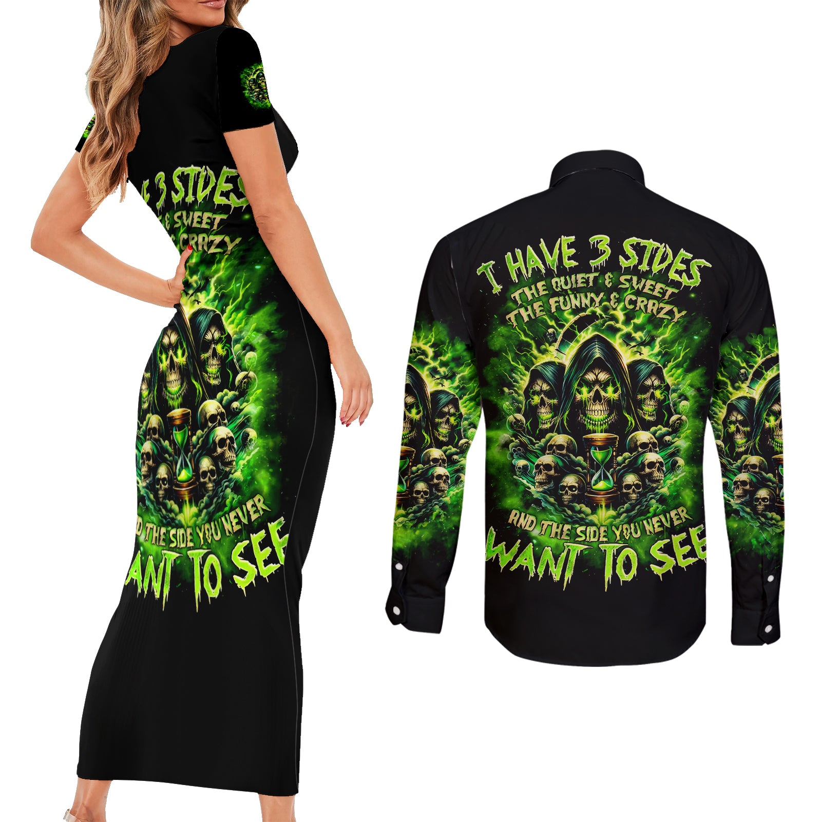 Flame Skull Couples Matching Short Sleeve Bodycon Dress and Long Sleeve Button Shirt I Have 3 Sides Quite Sweet Funny Crazy - Wonder Print Shop