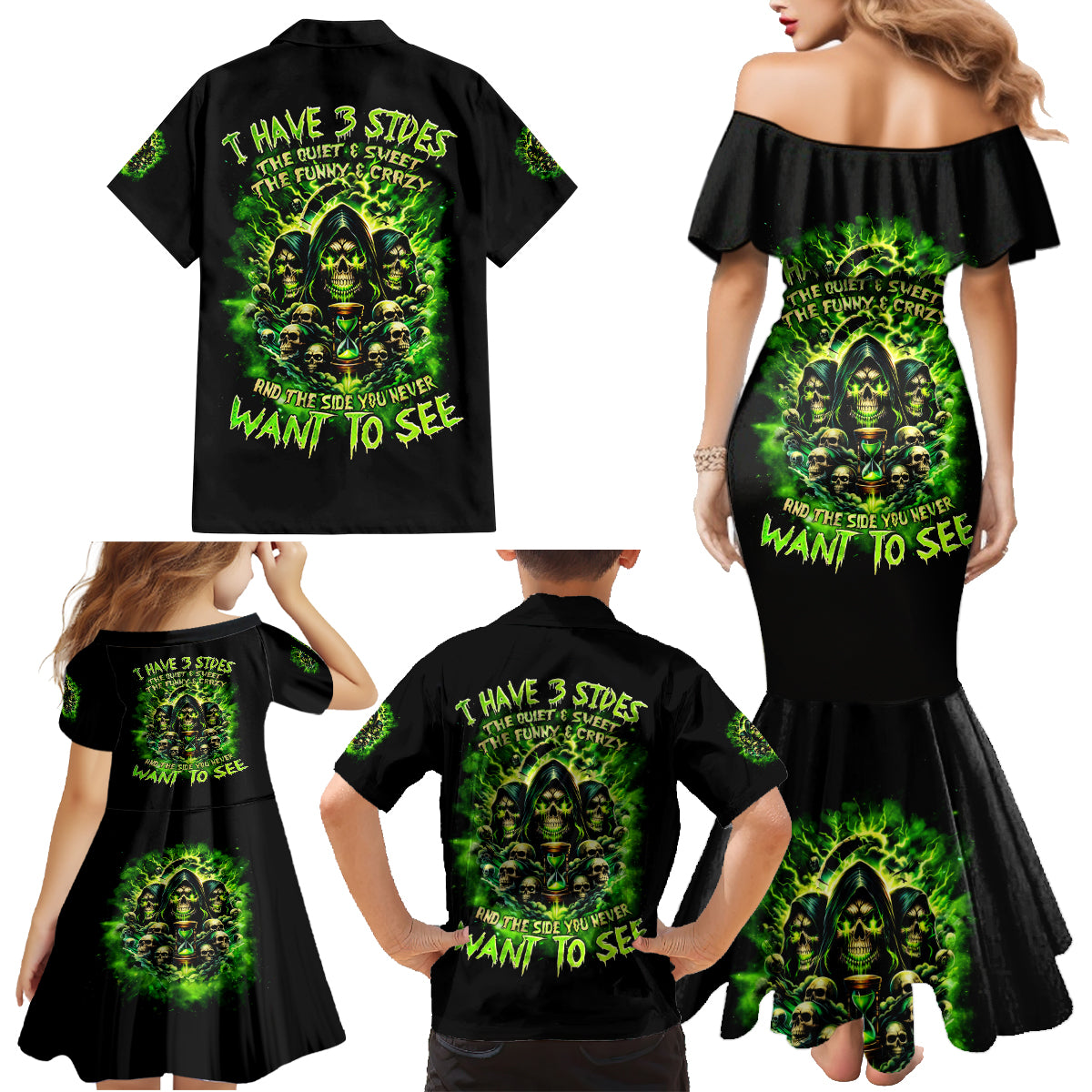 Flame Skull Family Matching Mermaid Dress and Hawaiian Shirt I Have 3 Sides Quite Sweet Funny Crazy - Wonder Print Shop