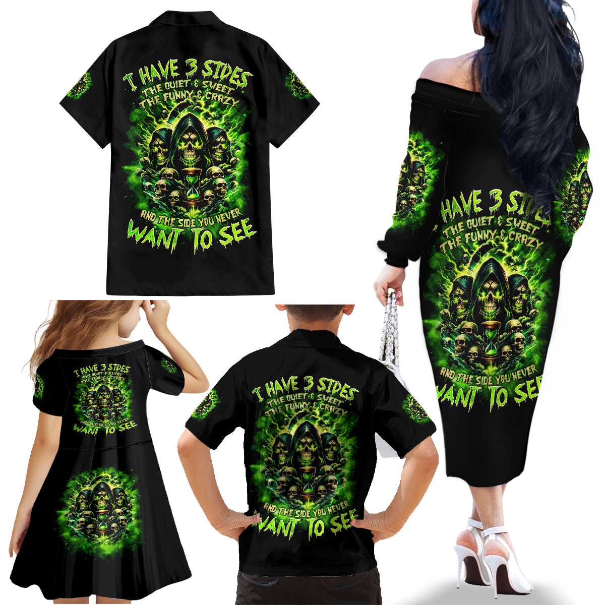 Flame Skull Family Matching Off Shoulder Long Sleeve Dress and Hawaiian Shirt I Have 3 Sides Quite Sweet Funny Crazy - Wonder Print Shop