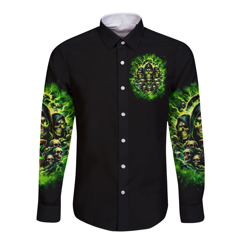 Black long-sleeve button shirt with green skull graphic and flame sleeves
