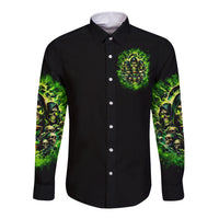 Black long-sleeve button shirt with green skull graphic and flame sleeves