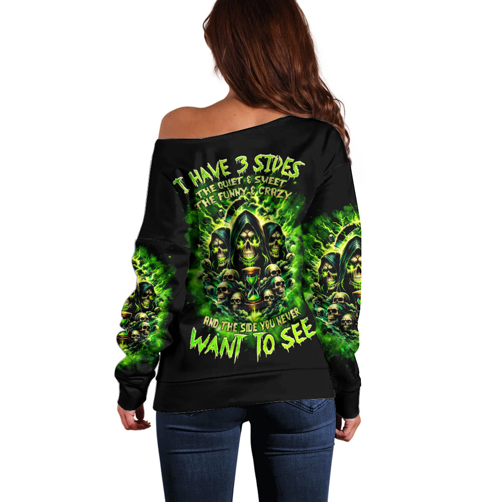 Flame Skull Off Shoulder Sweater I Have 3 Sides Quite Sweet Funny Crazy - Wonder Print Shop