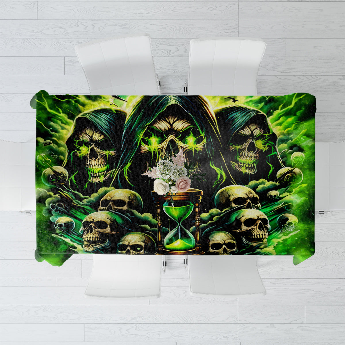 Skull and hourglass themed tablecloth, green and black flame design