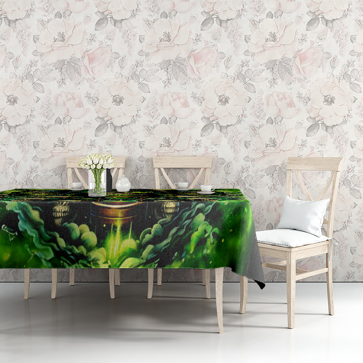 Green skull tablecloth with hourglass and candles, corner drape on table