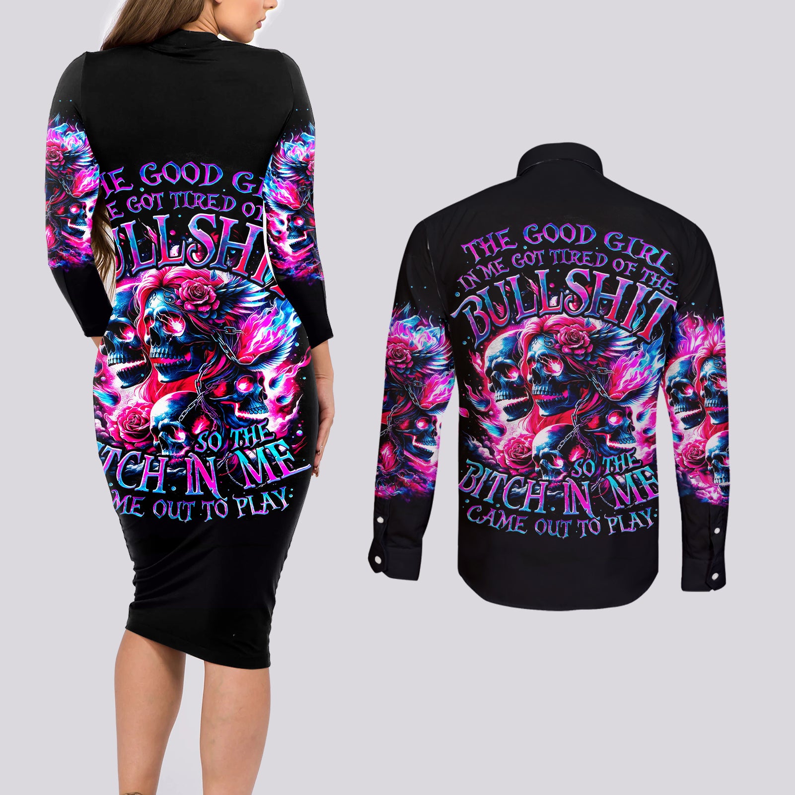 Flame Skull Couples Matching Long Sleeve Bodycon Dress and Long Sleeve Button Shirt The Good Girl In Me Got Tired Of The Bullshit - Wonder Print Shop