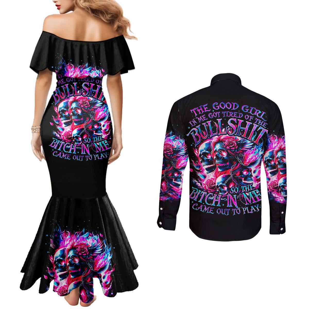 Flame Skull Couples Matching Mermaid Dress and Long Sleeve Button Shirt The Good Girl In Me Got Tired Of The Bullshit