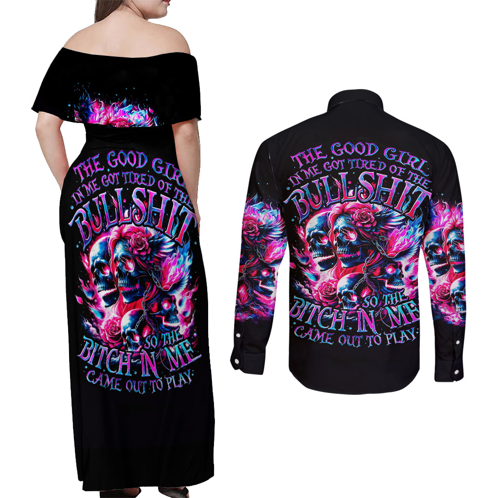 Flame Skull Couples Matching Off Shoulder Maxi Dress and Long Sleeve Button Shirt The Good Girl In Me Got Tired Of The Bullshit - Wonder Print Shop