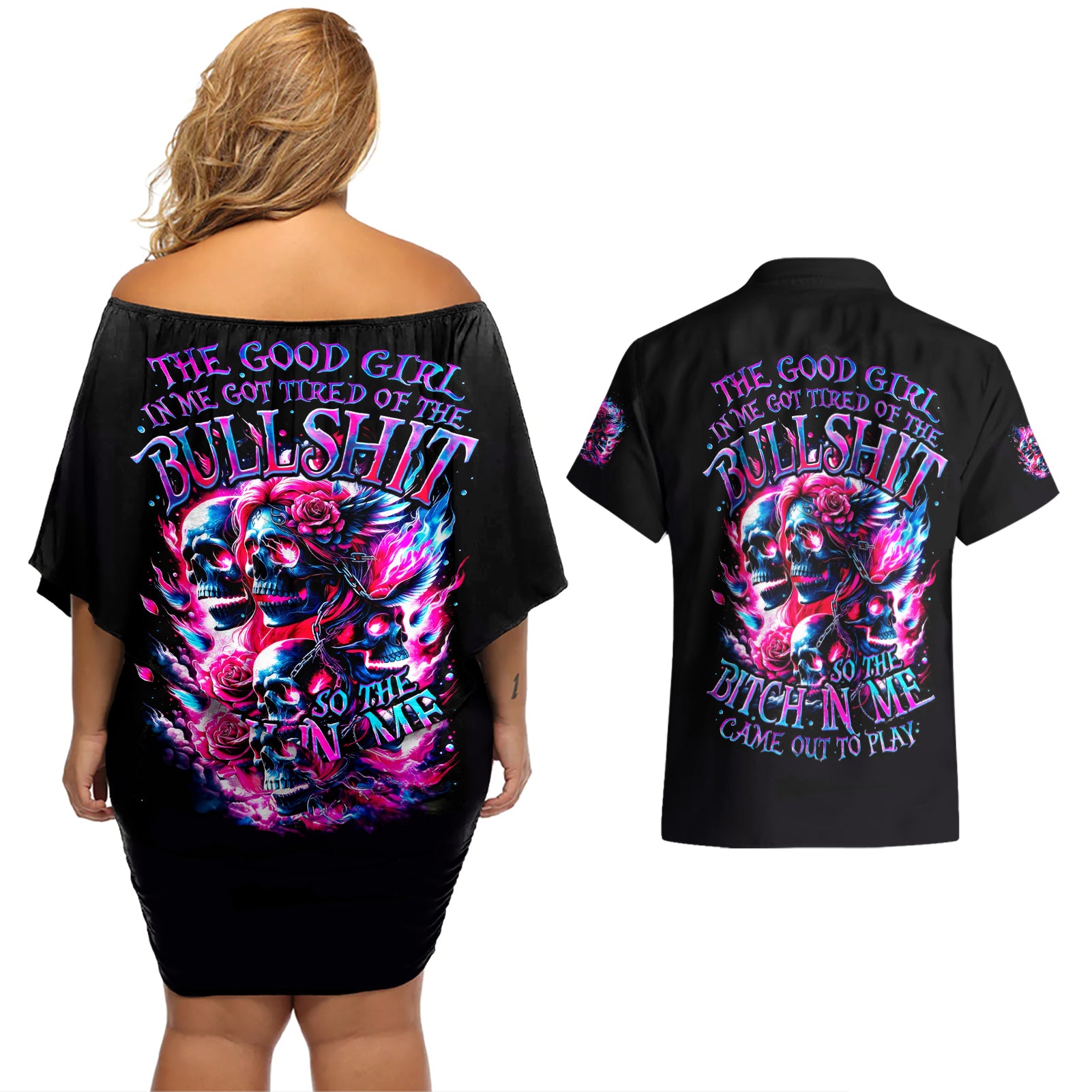 Flame Skull Couples Matching Off Shoulder Short Dress and Hawaiian Shirt The Good Girl In Me Got Tired Of The Bullshit - Wonder Print Shop