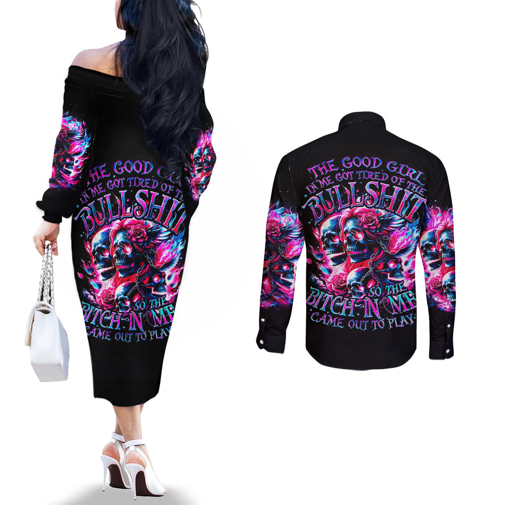 Flame Skull Couples Matching Off The Shoulder Long Sleeve Dress and Long Sleeve Button Shirt The Good Girl In Me Got Tired Of The Bullshit