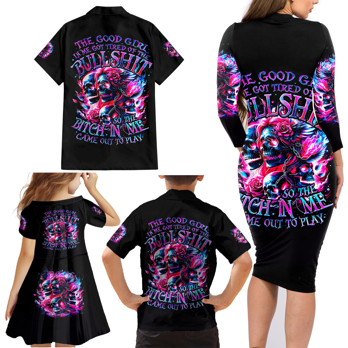 Flame Skull Family Matching Long Sleeve Bodycon Dress and Hawaiian Shirt The Good Girl In Me Got Tired Of The Bullshit - Wonder Print Shop