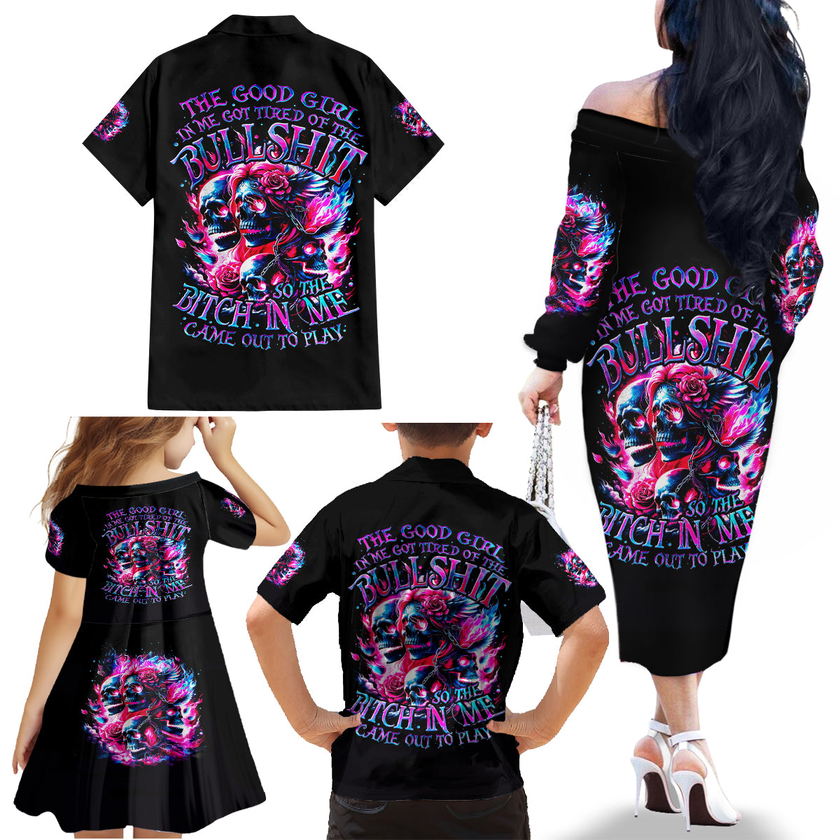 Flame Skull Family Matching Off Shoulder Long Sleeve Dress and Hawaiian Shirt The Good Girl In Me Got Tired Of The Bullshit - Wonder Print Shop