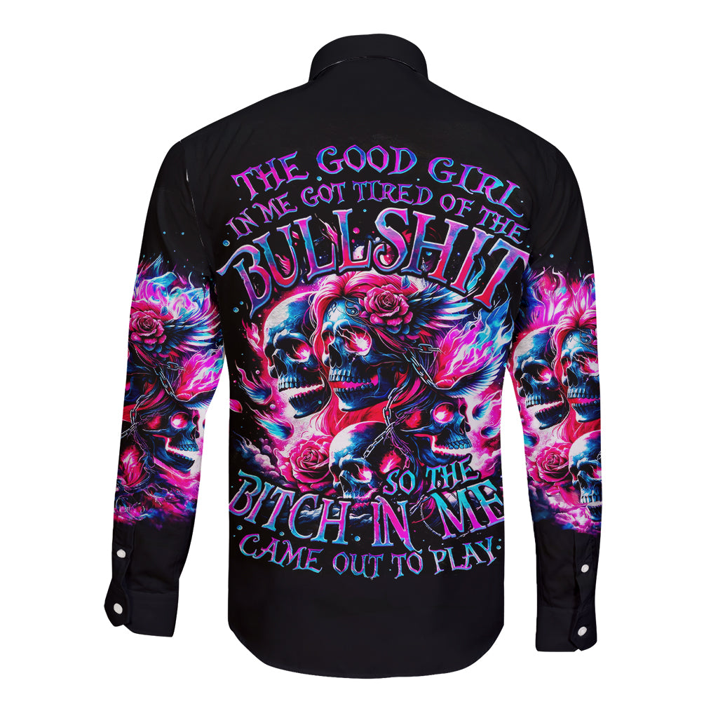 Flame Skull Long Sleeve Button Shirt The Good Girl In Me Got Tired Of The Bullshit - Wonder Print Shop