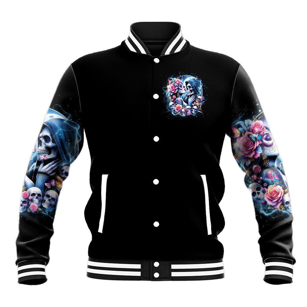 Black baseball jacket, striped collar and cuffs, skull-and-rose graphic on front