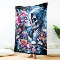 Skull couple throw blanket featuring hooded faces, skulls, roses, butterflies and blue lightning