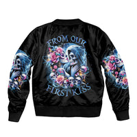 Black unisex bomber jacket with back skull-and-rose graphic, ribbed collar and cuffs