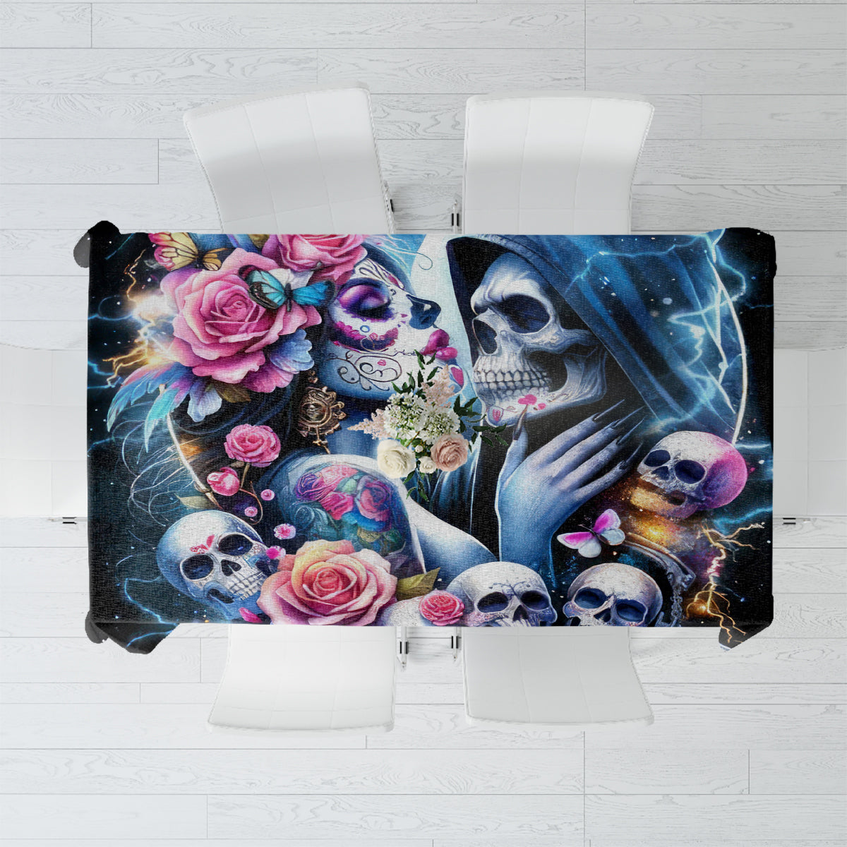 Black skull and rose printed tablecloth, laid flat across two backrests
