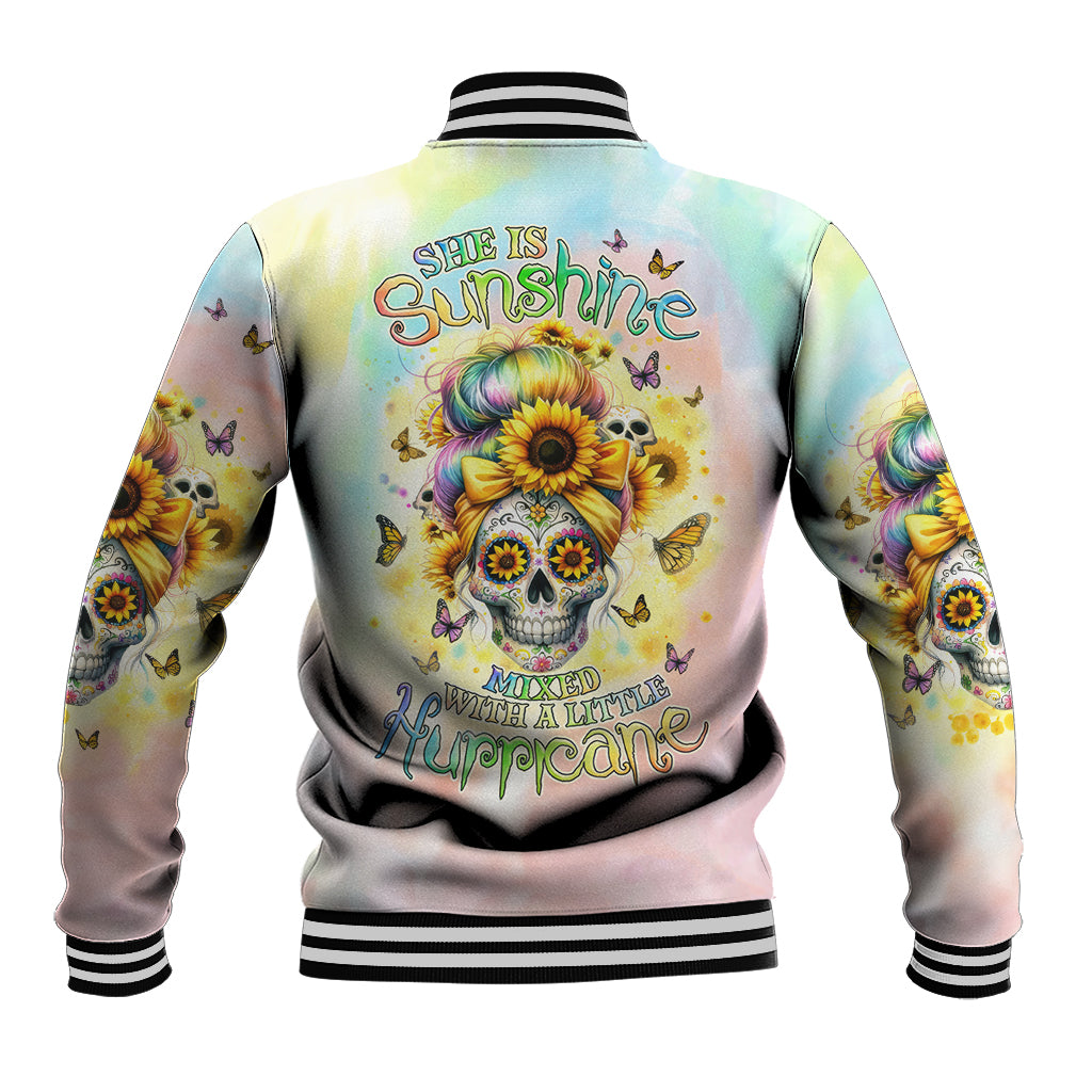 Baseball jacket with pastel skull and sunflower graphic, striped ribbed collar, back text