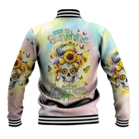 Baseball jacket with pastel skull and sunflower graphic, striped ribbed collar, back text